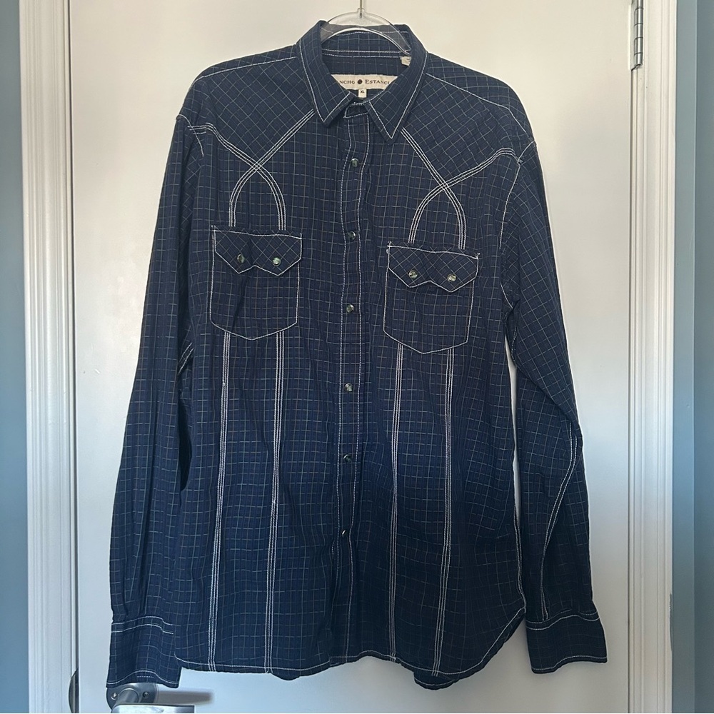 Rancho Estancia Blue Checkered Western Style Clasp Closure Long Sleeve Top